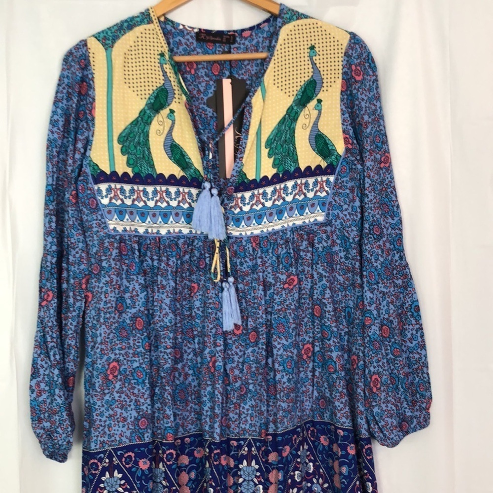 R.Y Iposha Women's Long Sleeve Floral Print Retro V Neck Tassel Bohemian Size 2 - Picture 4 of 11